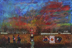 Raccolto autunnale degli anni '80, pittura ad olio originale di paesaggio semi-astratto con figure