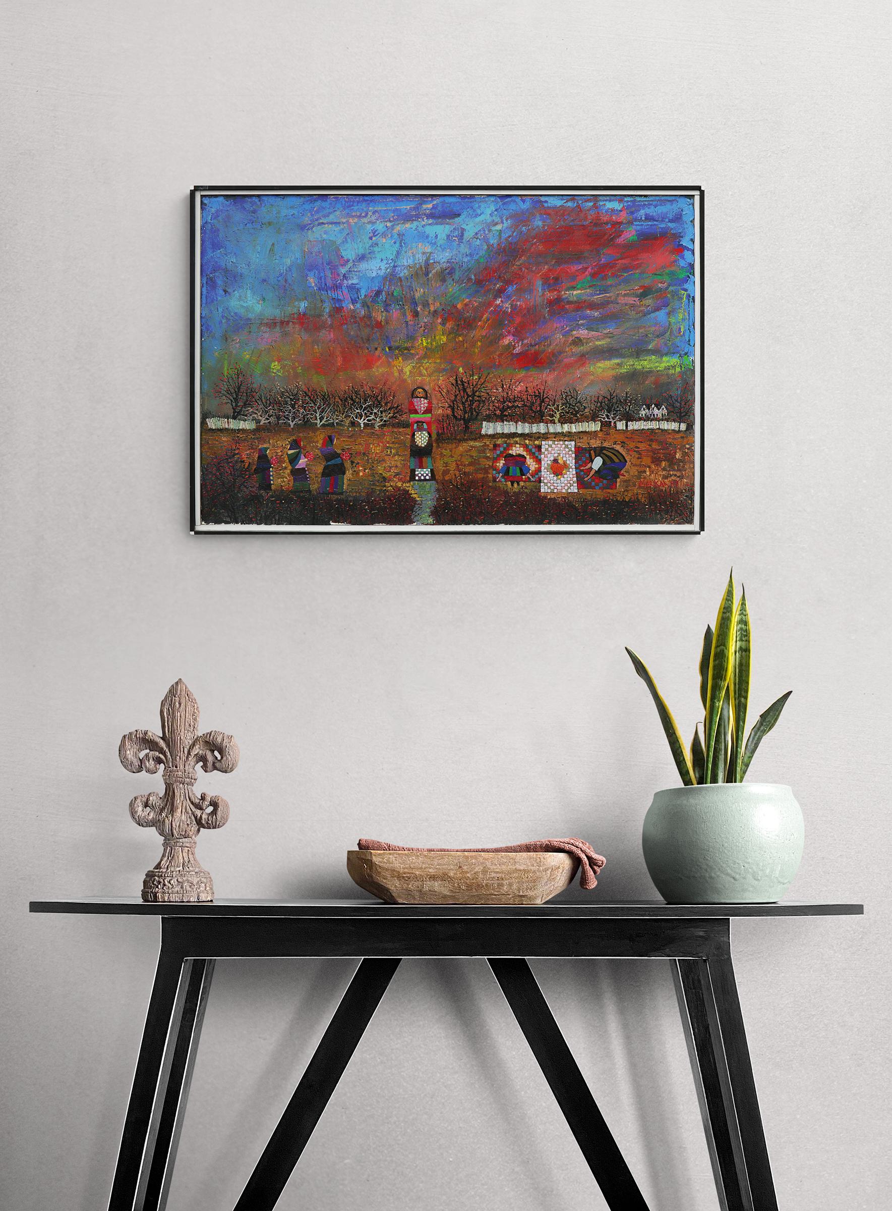 Autumn Harvest, Original Semi-Abstract Landscape and Figurative Oil Painting  For Sale 8