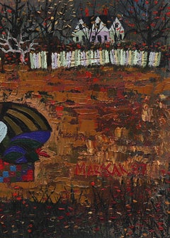 1980s Autumn Harvest, Original Semi-Abstract Landscape Oil Painting with Figures