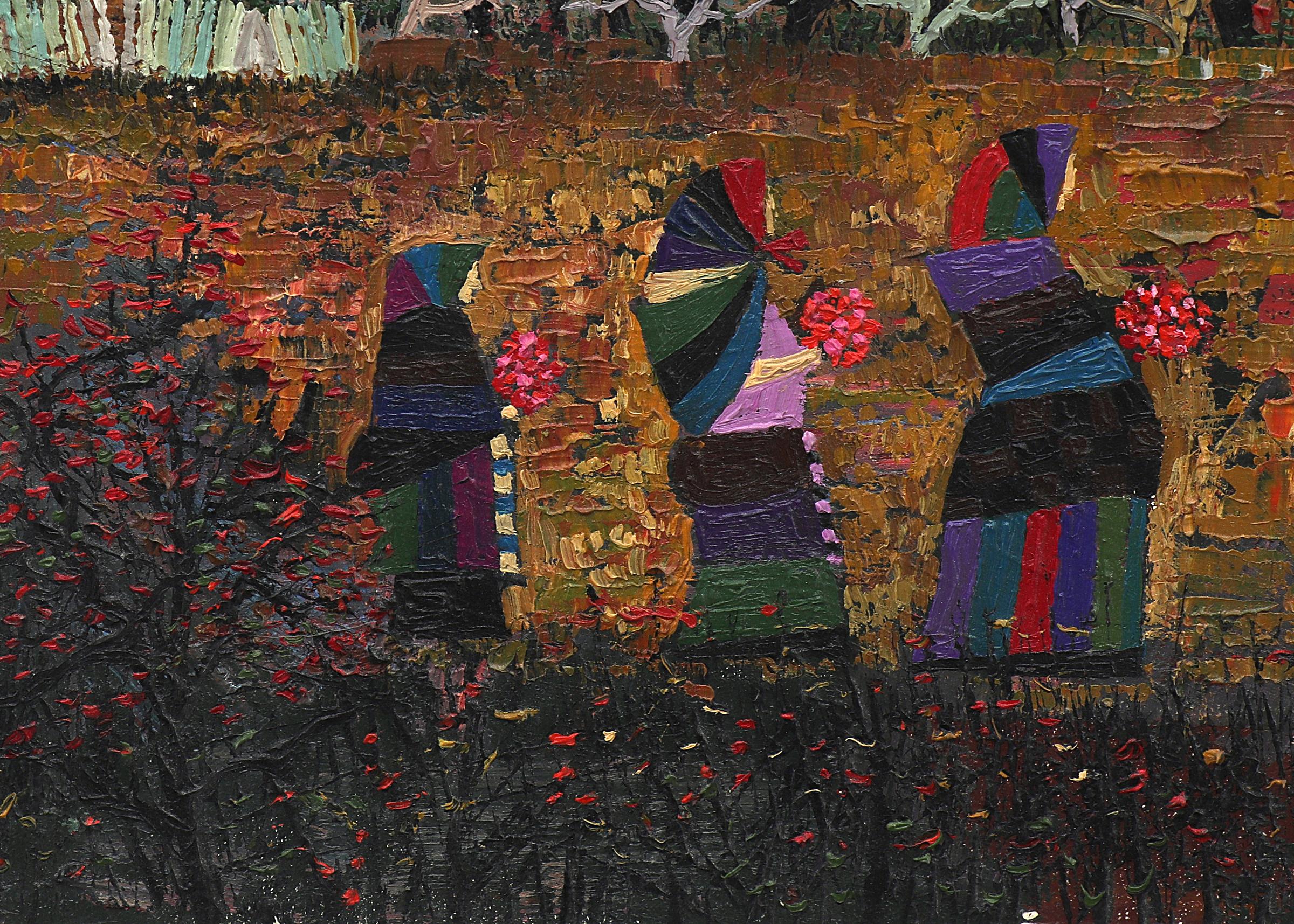 Autumn Harvest, Original Semi-Abstract Landscape and Figurative Oil Painting  - Black Landscape Painting by Edward Marecak