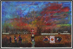 1980s Autumn Harvest, Original Semi-Abstract Landscape Oil Painting with Figures