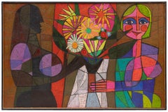 "Deméter y Perséfone" - Pintura al óleo abstracta figurativa vintage de los años 60