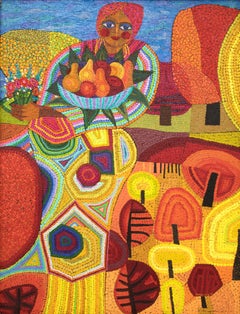 Demeter (Semi-Abstract Painting of woman holding fruit: Orange, Yellow, Blue)
