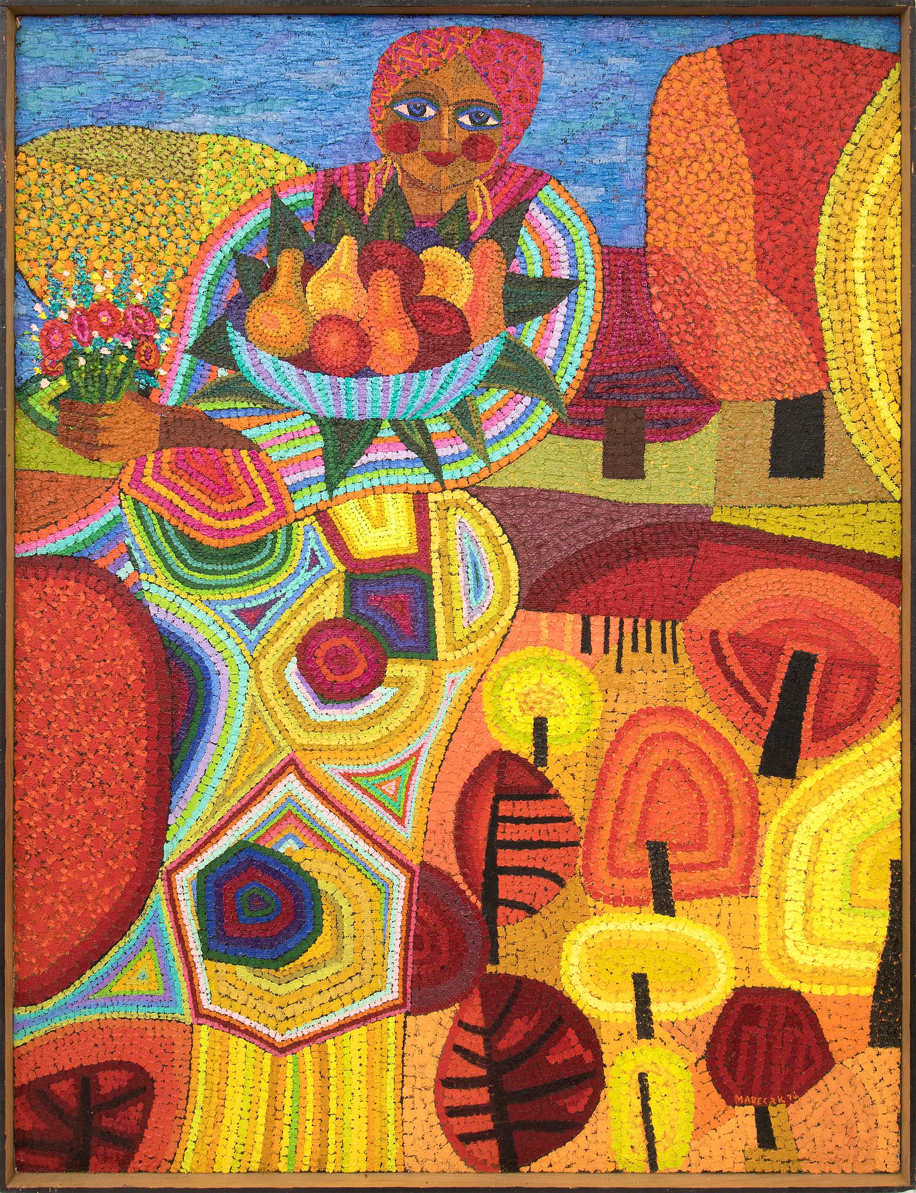 Demeter (Semi-Abstract Painting of woman holding fruit: Orange, Yellow, Blue)