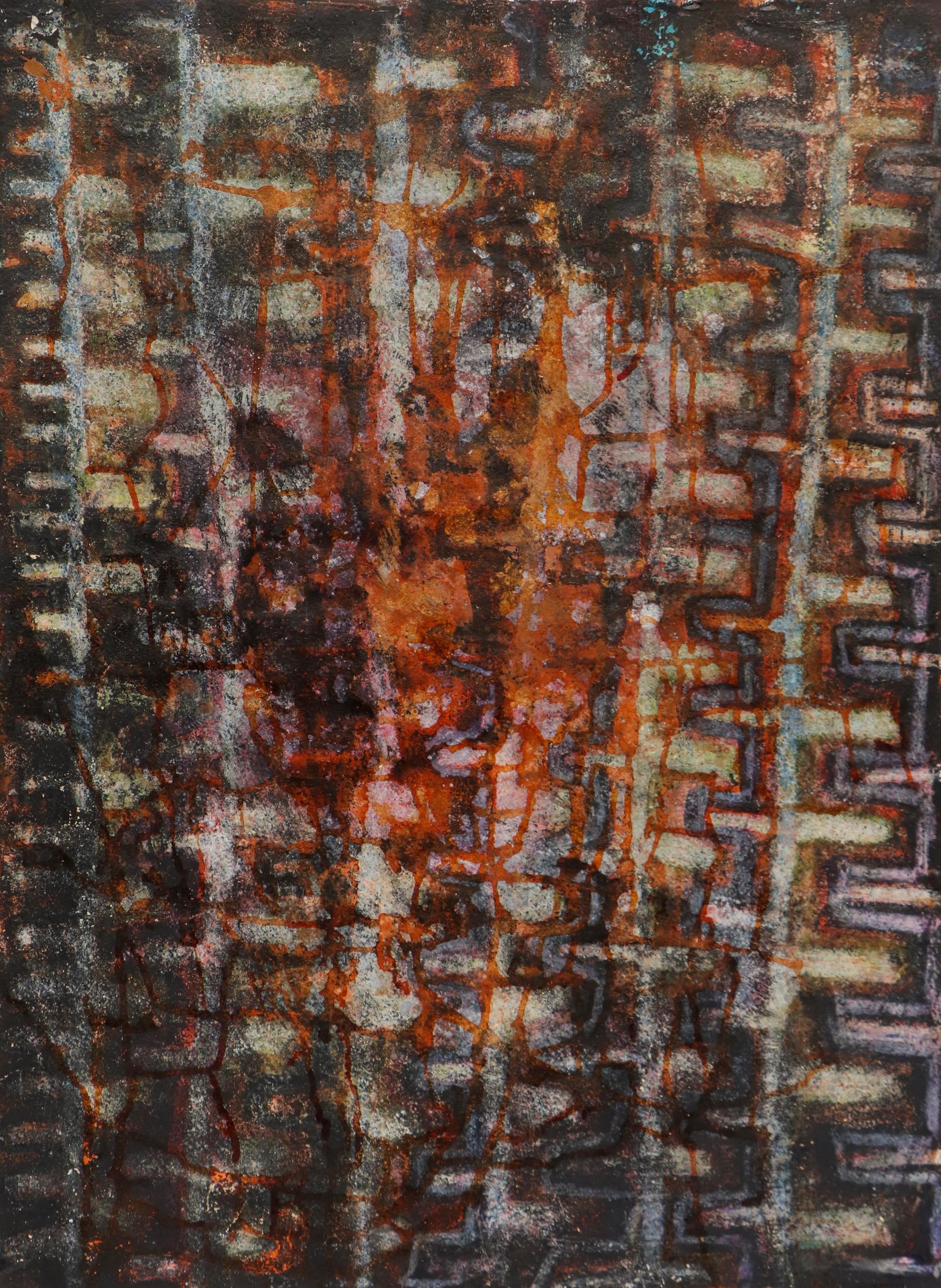 "Mystic Ladders" ist ein originales abstraktes Gemälde aus der Mitte des 20. Jahrhunderts des bekannten Denveraner Modernisten Edward Marecak (1919-1993), einer Schlüsselfigur der Nachkriegskunstbewegung in Colorado. Das in Mischtechnik auf Papier