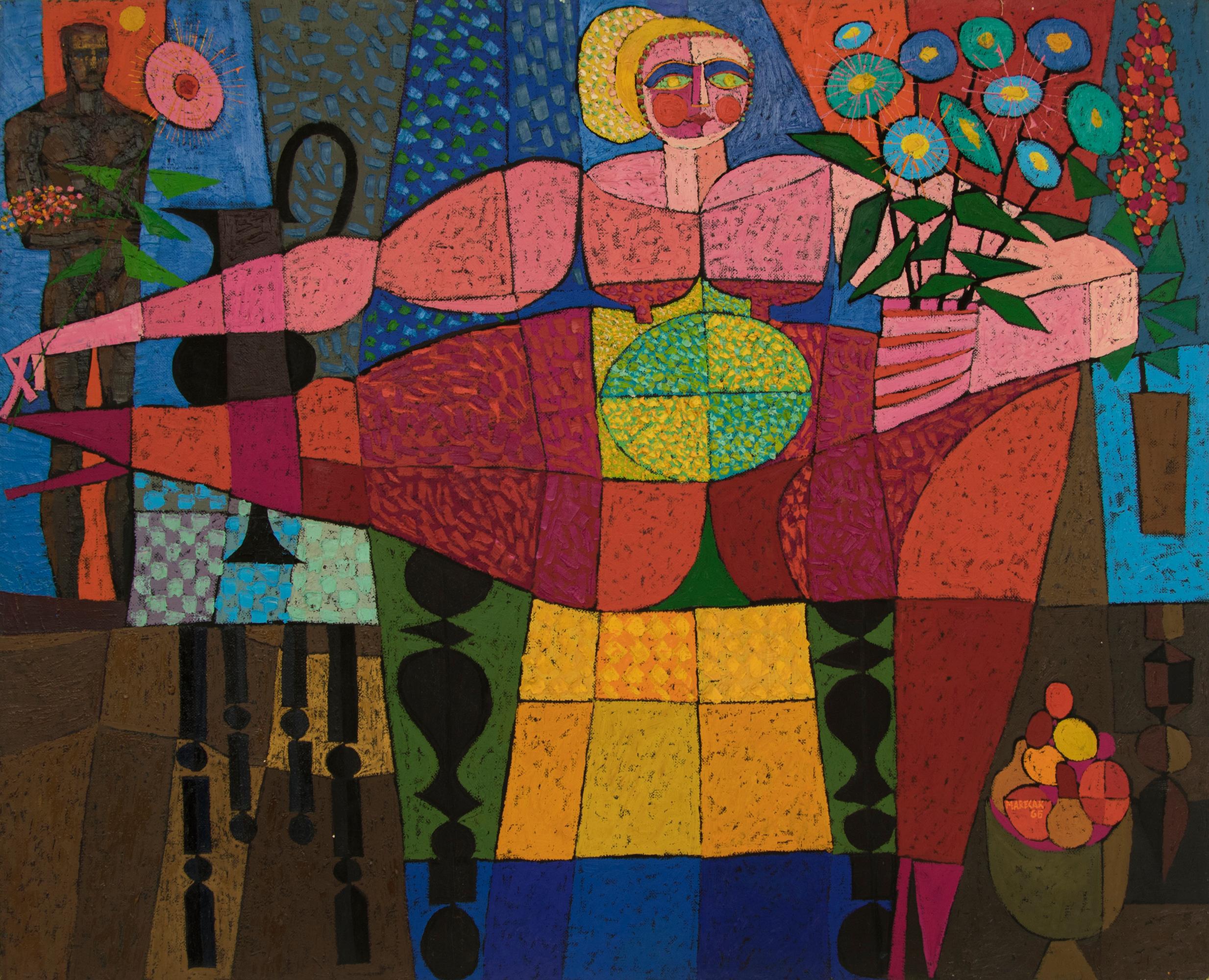Edward Marecak Nude Painting – Semi-abstraktes Ölgemälde „Göttin der Fruchtbarkeit“, 1960er Jahre, Aktfigur und Blumen