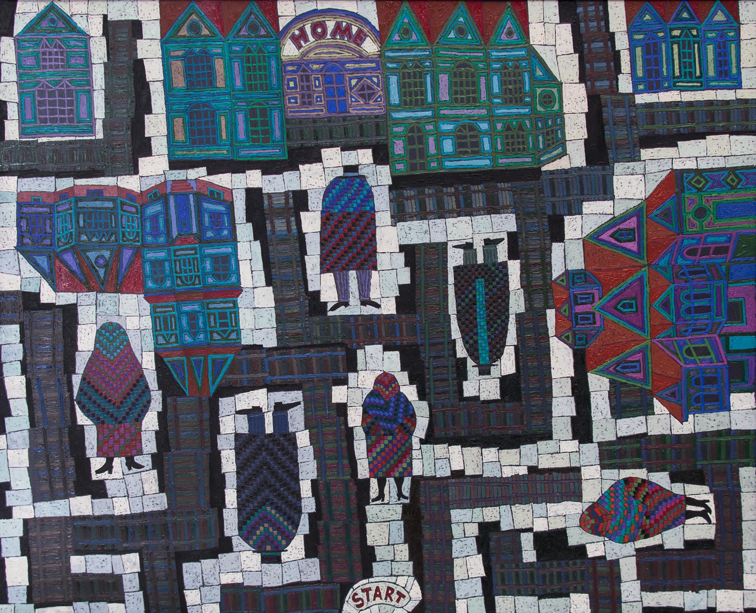 "Parcheesi" ist ein fesselndes, halbabstraktes Ölgemälde auf Leinwand aus dem Jahr 1990 des berühmten Denver-Künstlers Edward Marecak (1919-1993). Dieses einzigartige Werk ist eine Neuinterpretation des klassischen Parcheesi-Brettspiels, bei dem