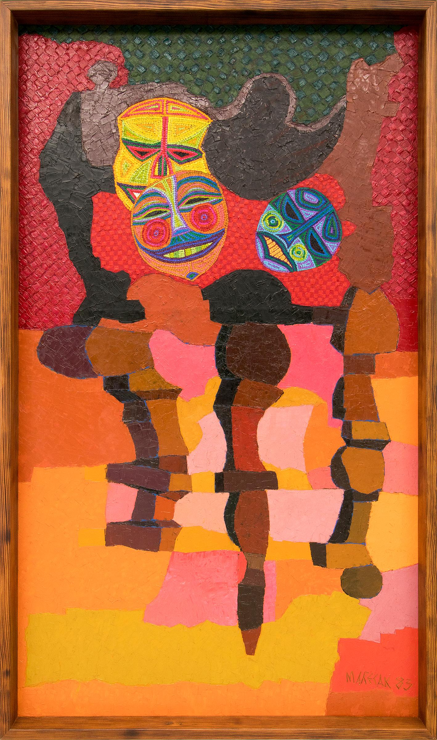 Stillleben mit Masken: Vintage 1980er Jahre halb abstraktes, kühnes, lebhaftes Ölgemälde – Painting von Edward Marecak