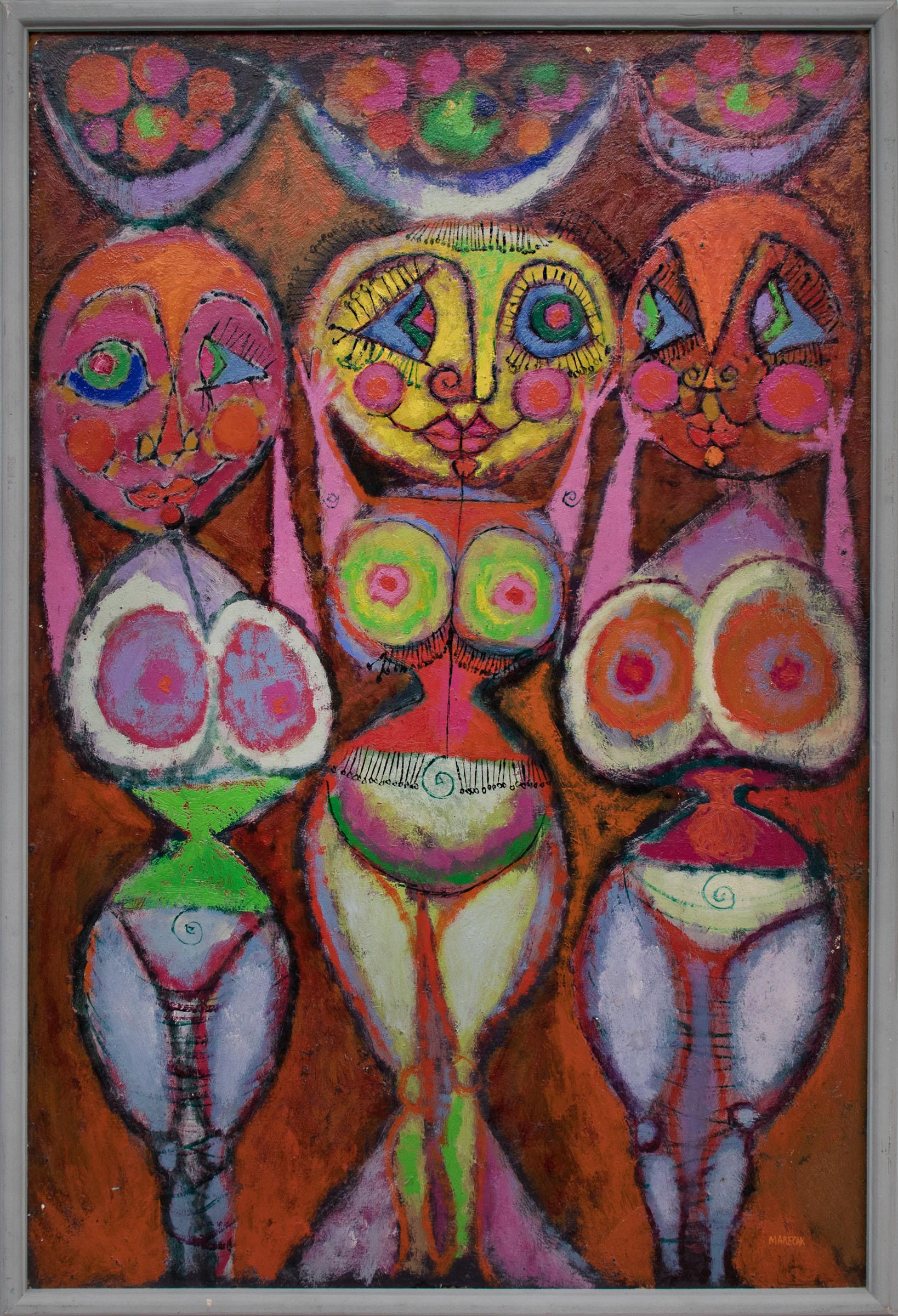 Edward Marecak Abstract Painting - Fertility Goddesses, Abstract Nude Figures 1950s Oil Painting, Pink, Blue, Green