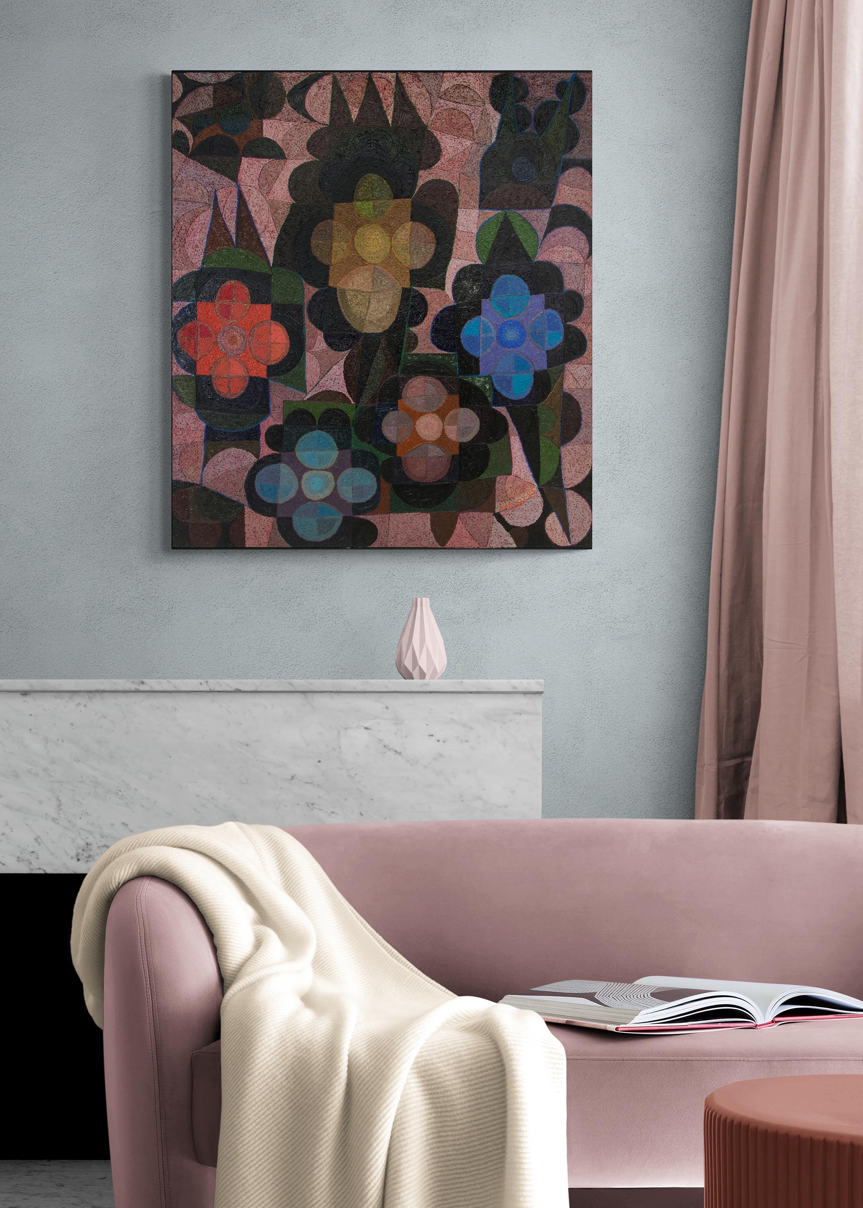 Floating Shapes, Abstract Floral Oil Painting by Edward Marecak, Pink Black Blue For Sale 6