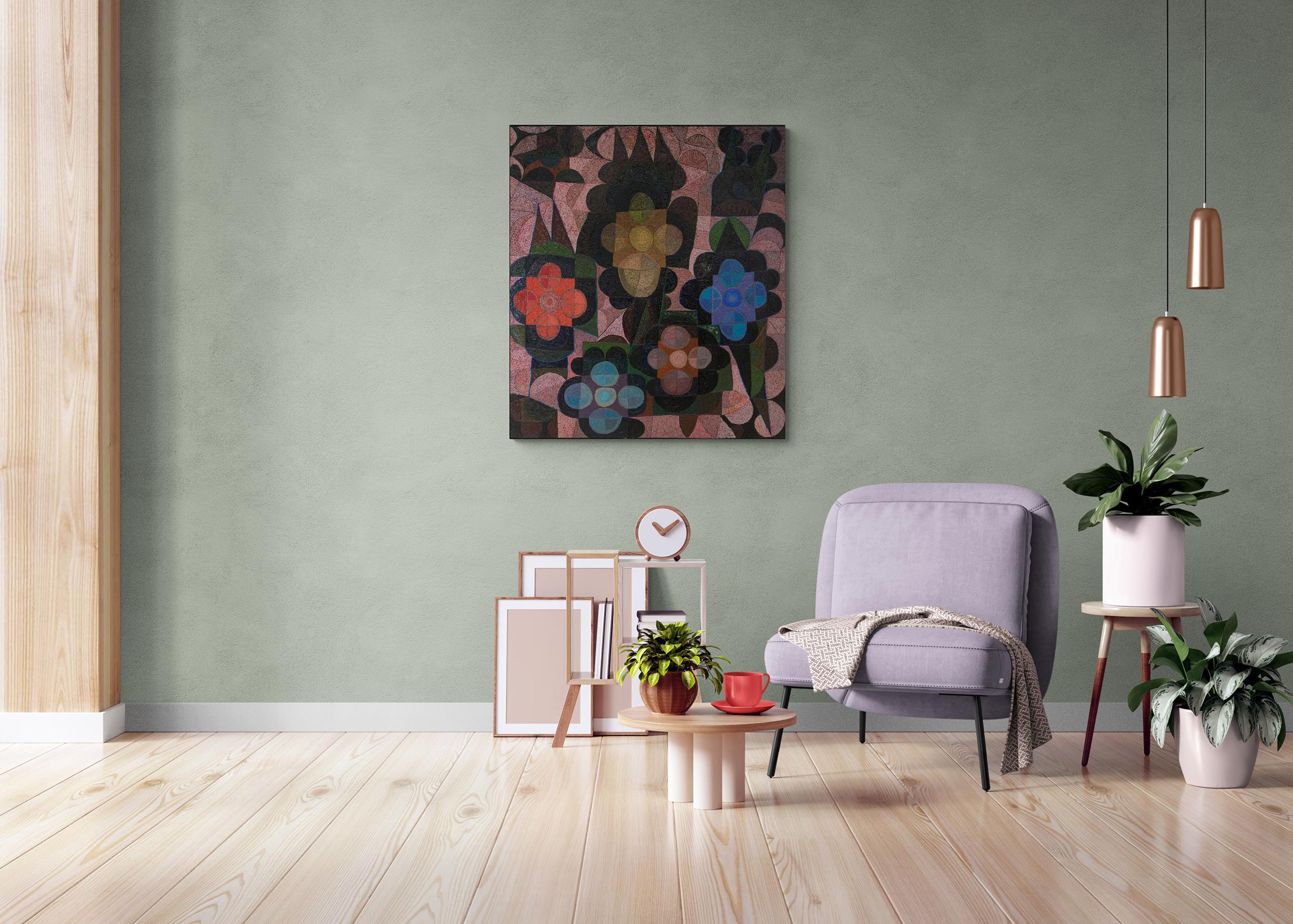 Floating Shapes, Abstract Floral Oil Painting by Edward Marecak, Pink Black Blue For Sale 3