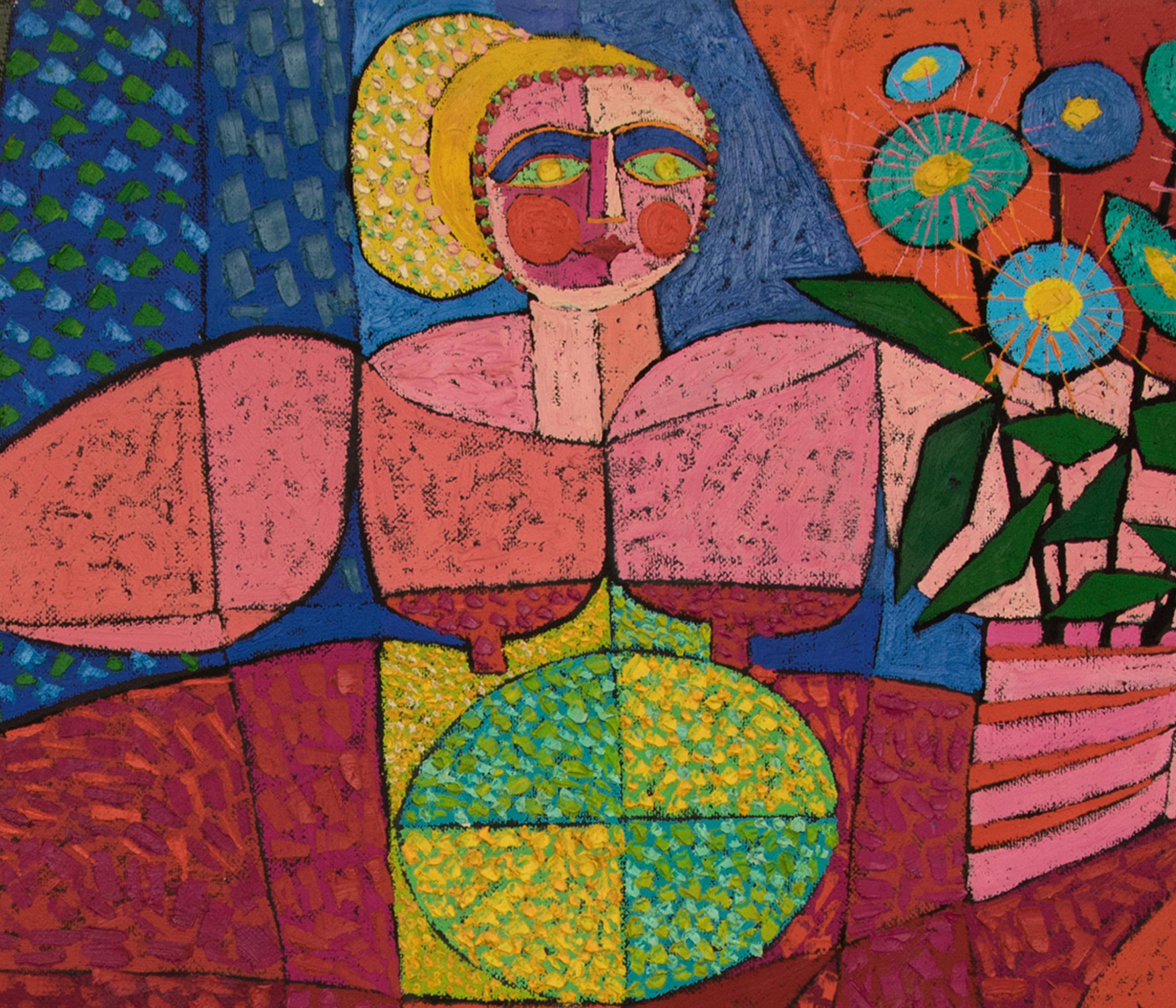 Goddess of Fertility, 1960s Semi Abstract, Nudes, Flowers, Red Blue Yellow Green - Painting by Edward Marecak