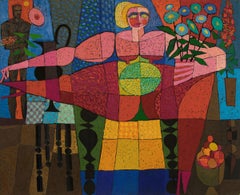 Déesse de la fertilité, années 1960, semi-abstrait, nus, fleurs, rouge, bleu, jaune et vert