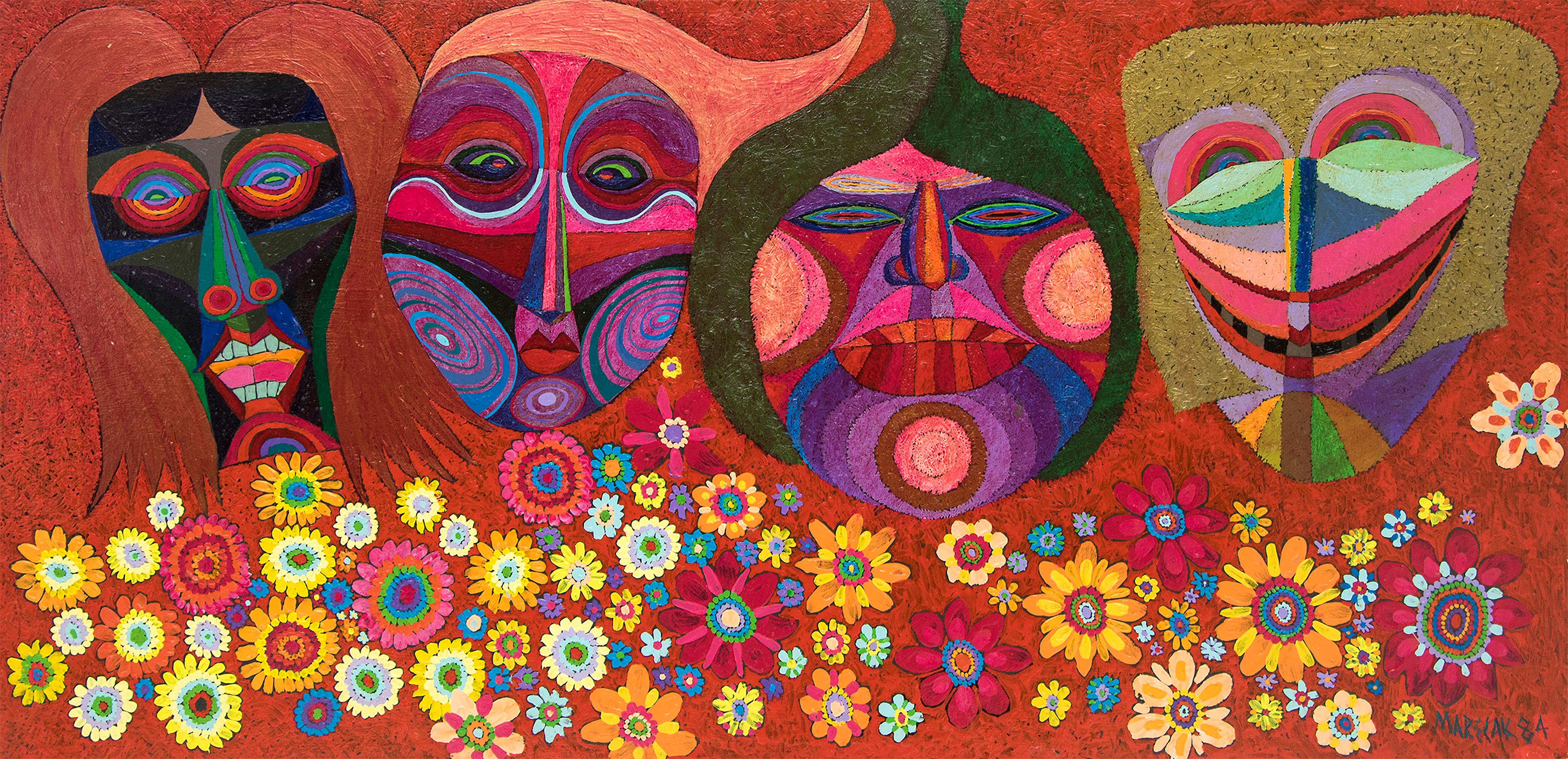 Masken und Blumen, 1984 Halbabstrakte Malerei in Rot, Gelb, Grün, Rosa