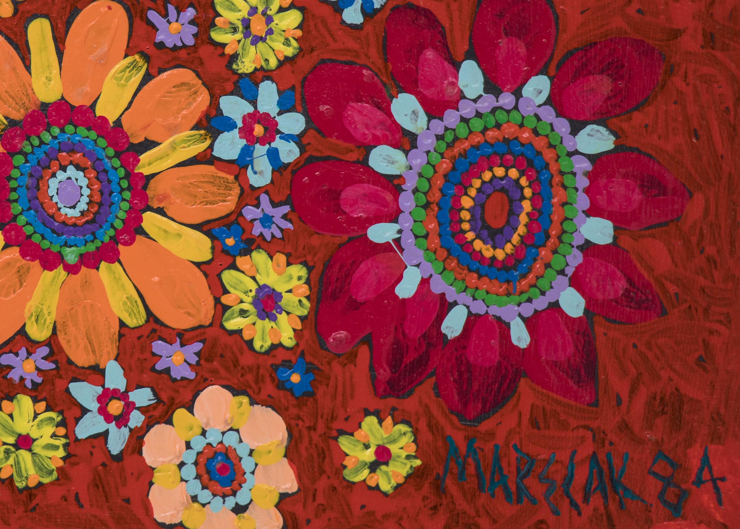 Masken und Blumen, halb abstraktes Vintage-Gemälde 1984, Rot, Gelb, Grün und Rosa (Abstrakt), Painting, von Edward Marecak