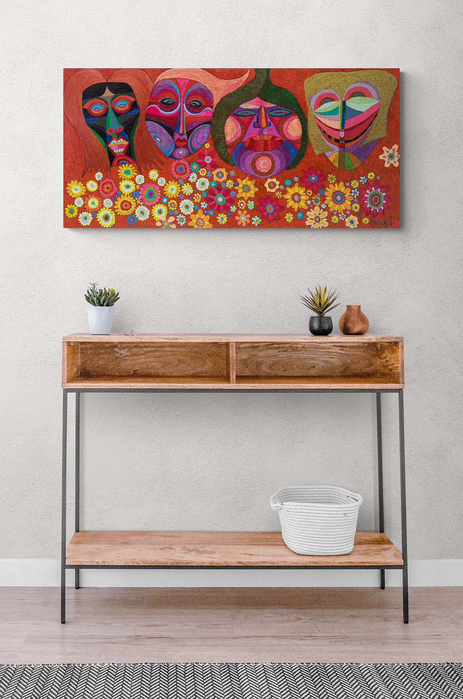 Maschere e fiori, 1984 Pittura semi-astratta in rosso, giallo, verde, rosa in vendita 2