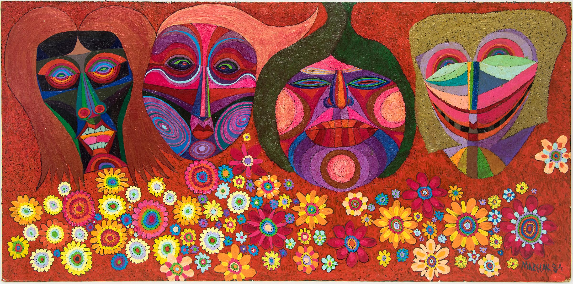 Masken und Blumen, halb abstraktes Vintage-Gemälde 1984, Rot, Gelb, Grün und Rosa (Braun), Abstract Painting, von Edward Marecak