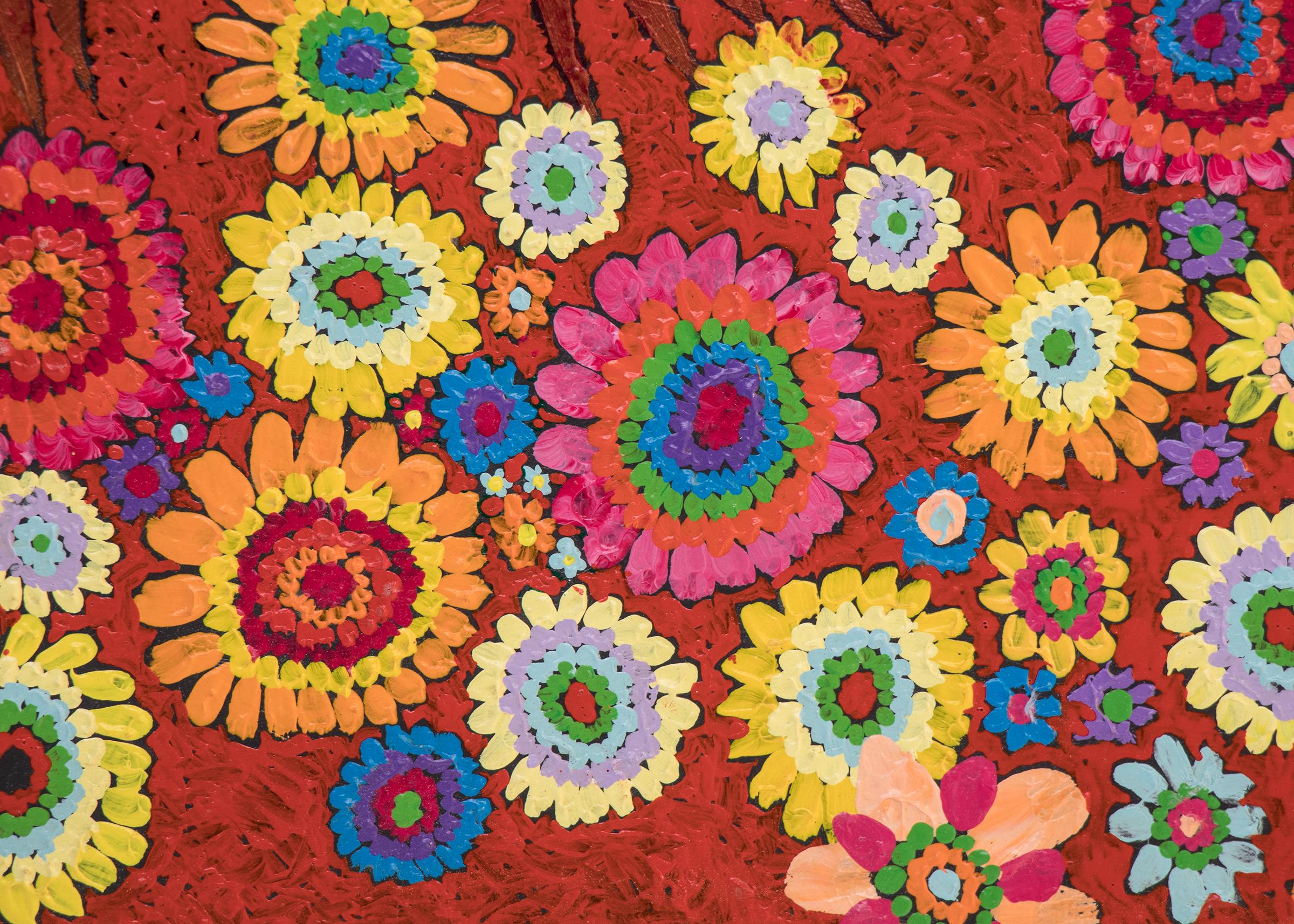 Masken und Blumen, Original-Ölgemälde auf Karton von Edward Marecak (1919-1993) aus dem Jahr 1984, halbabstraktes Gemälde im kubistischen Stil mit Stammesmasken und Blumen, gemalt in den Farben Rot, Gelb, Rosa, Grün, Blau, Orange, Lila und Schwarz.