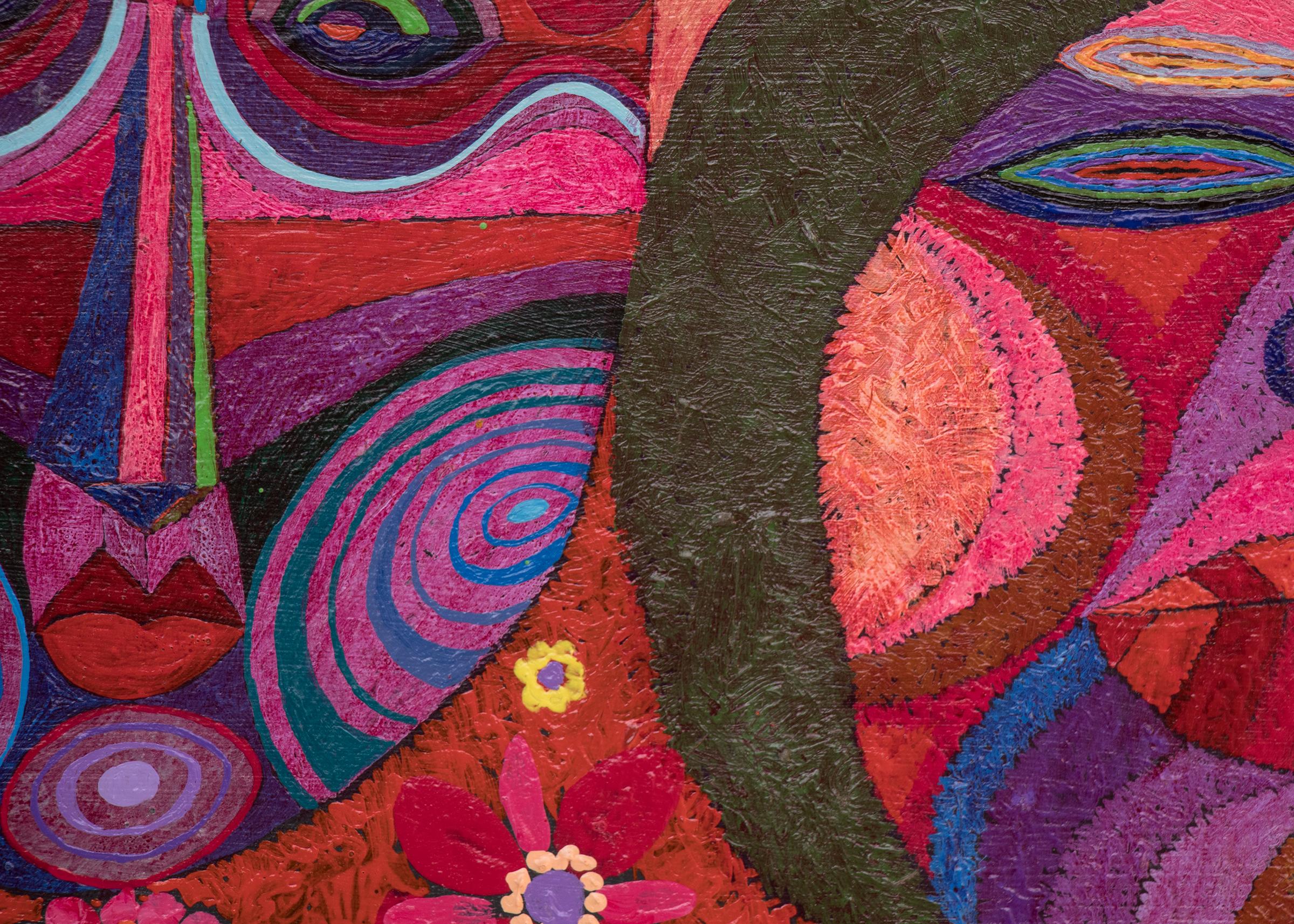 Masken und Blumen, halb abstraktes Vintage-Gemälde 1984, Rot, Gelb, Grün und Rosa im Angebot 1