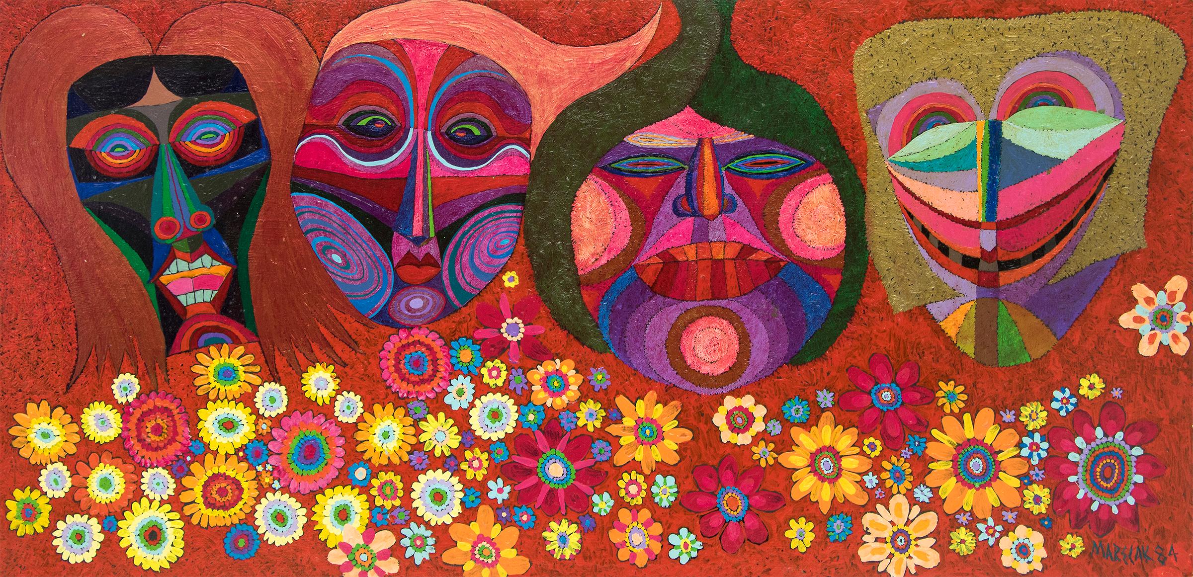 Abstract Painting di Edward Marecak - Maschere e fiori, 1984 Pittura semi-astratta in rosso, giallo, verde, rosa