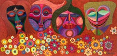 Máscaras y flores, 1984 Pintura semiabstracta en rojo, amarillo, verde y rosa
