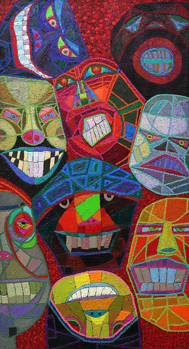 Masks, 1980s Semi-Abstract Polychromatic Oil Painting, Vibrant Multicolor  - Black Figurative Painting by Edward Marecak