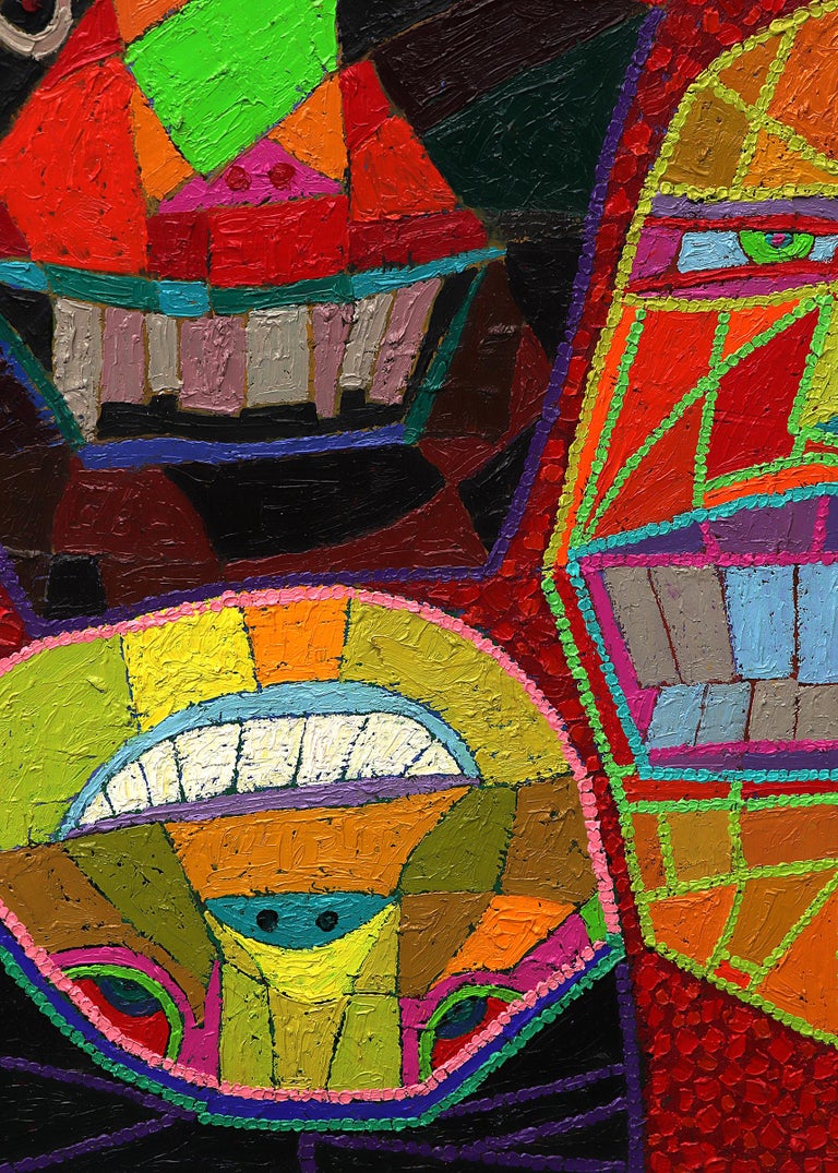 Masks, 1980s Semi-Abstract Polychromatic Oil Painting, Vibrant Multicolor  For Sale 1