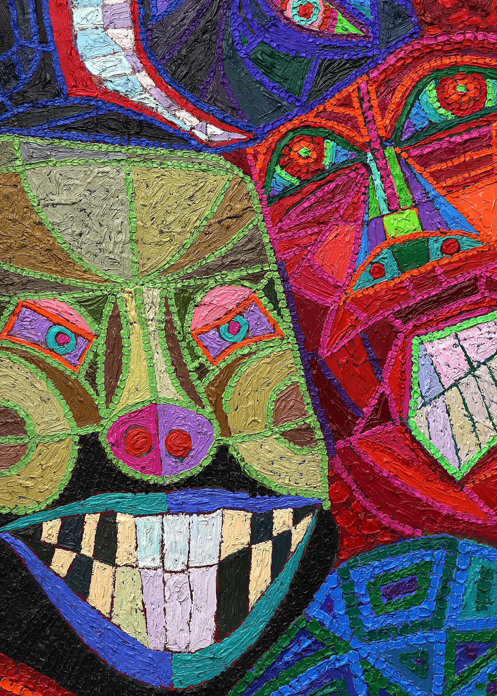 Masks, 1980s Semi-Abstract Polychromatic Oil Painting, Vibrant Multicolor  For Sale 1