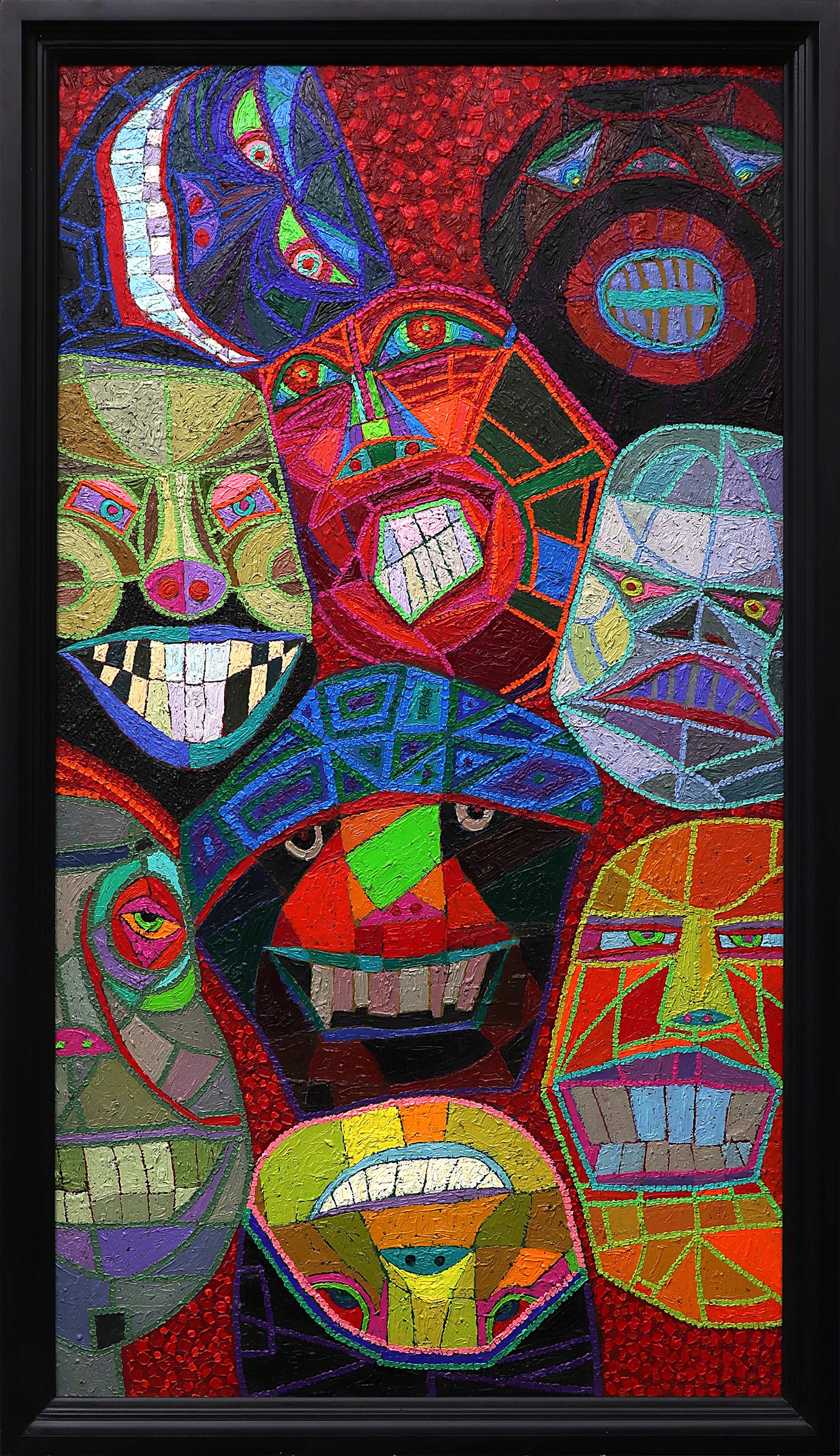Edward Marecak Figurative Painting - Masks, 1980s Semi-Abstract Polychromatic Oil Painting, Vibrant Multicolor 