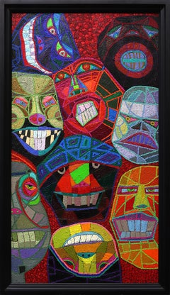Masks, 1980s Semi-Abstract Polychromatic Oil Painting, Vibrant Multicolor 