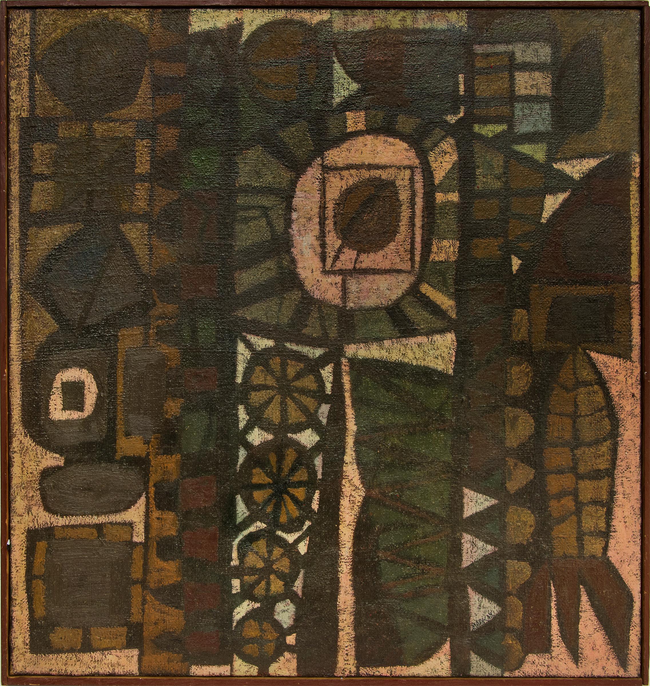 Edward Marecak Abstract Painting - Pods, Mid Century Modern Abstract Oil Painting, Brown Green, Cream, Tan