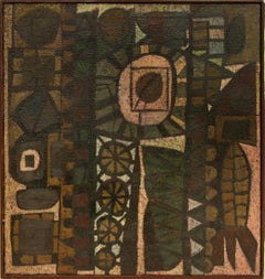 Pods, peinture à l'huile abstraite moderne du milieu du siècle dernier, brun vert, crème, brun clair