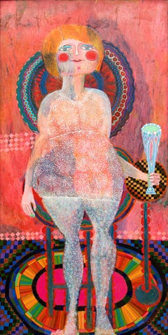 Seated Woman, Vintage 1980s Semi Abstract Painting, Pink Red White Yellow Blue
