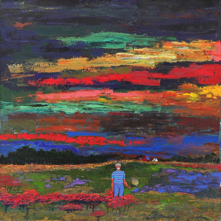 Self Portrait Square Oil Painting, Figure in Field, Flowers Multicolored Sky  - Black Portrait Painting by Edward Marecak