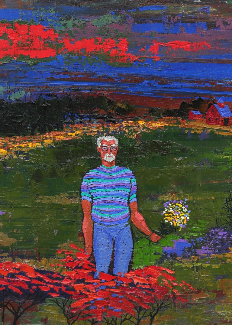 Self Portrait Square Oil Painting, Figure in Field, Flowers Multicolored Sky  For Sale 2