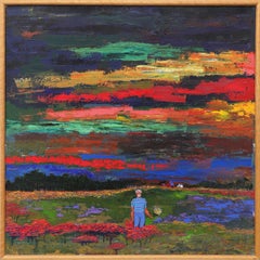 Self Portrait Square Oil Painting, Figure in Field, Flowers Multicolored Sky 