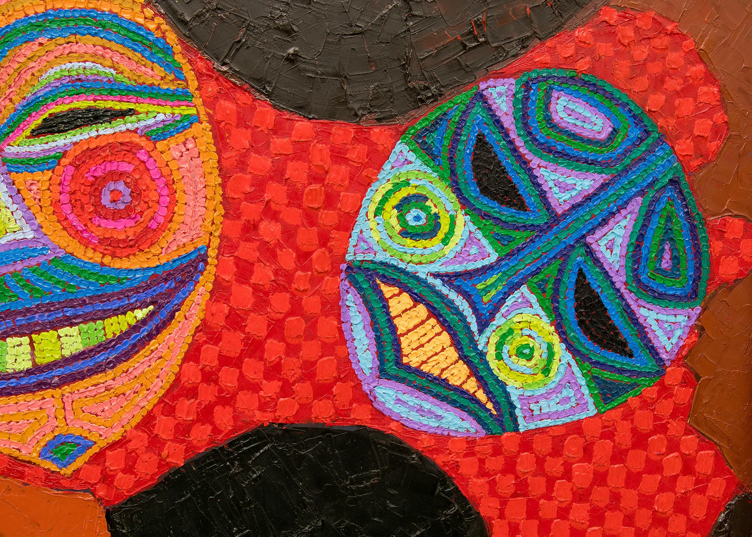 Naturaleza muerta con máscaras: Pintura al óleo semiabstracta, audaz y vibrante de la década de 1980 en venta 1