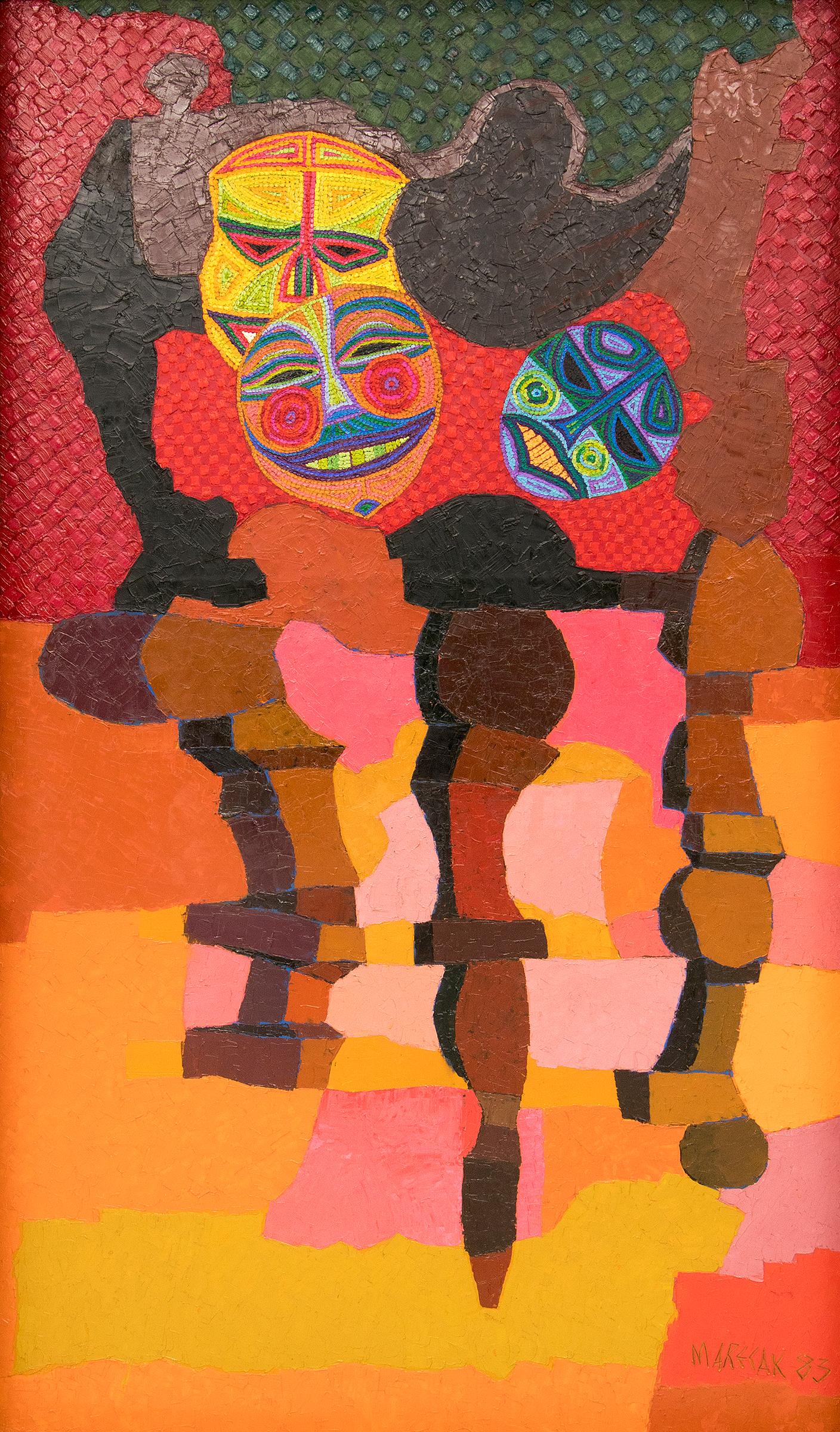 Stillleben mit Masken, halb-abstraktes Gemälde, rot, rosa, gelb, grün (Amerikanische Moderne), Painting, von Edward Marecak