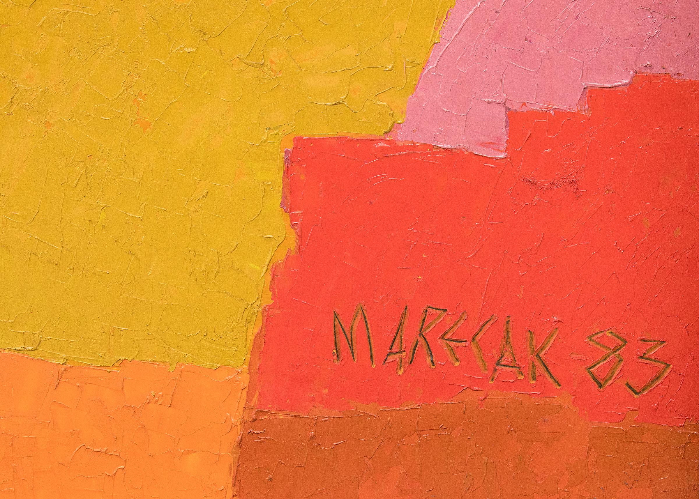 Stillleben mit Masken, halb-abstraktes Gemälde, rot, rosa, gelb, grün (Braun), Still-Life Painting, von Edward Marecak