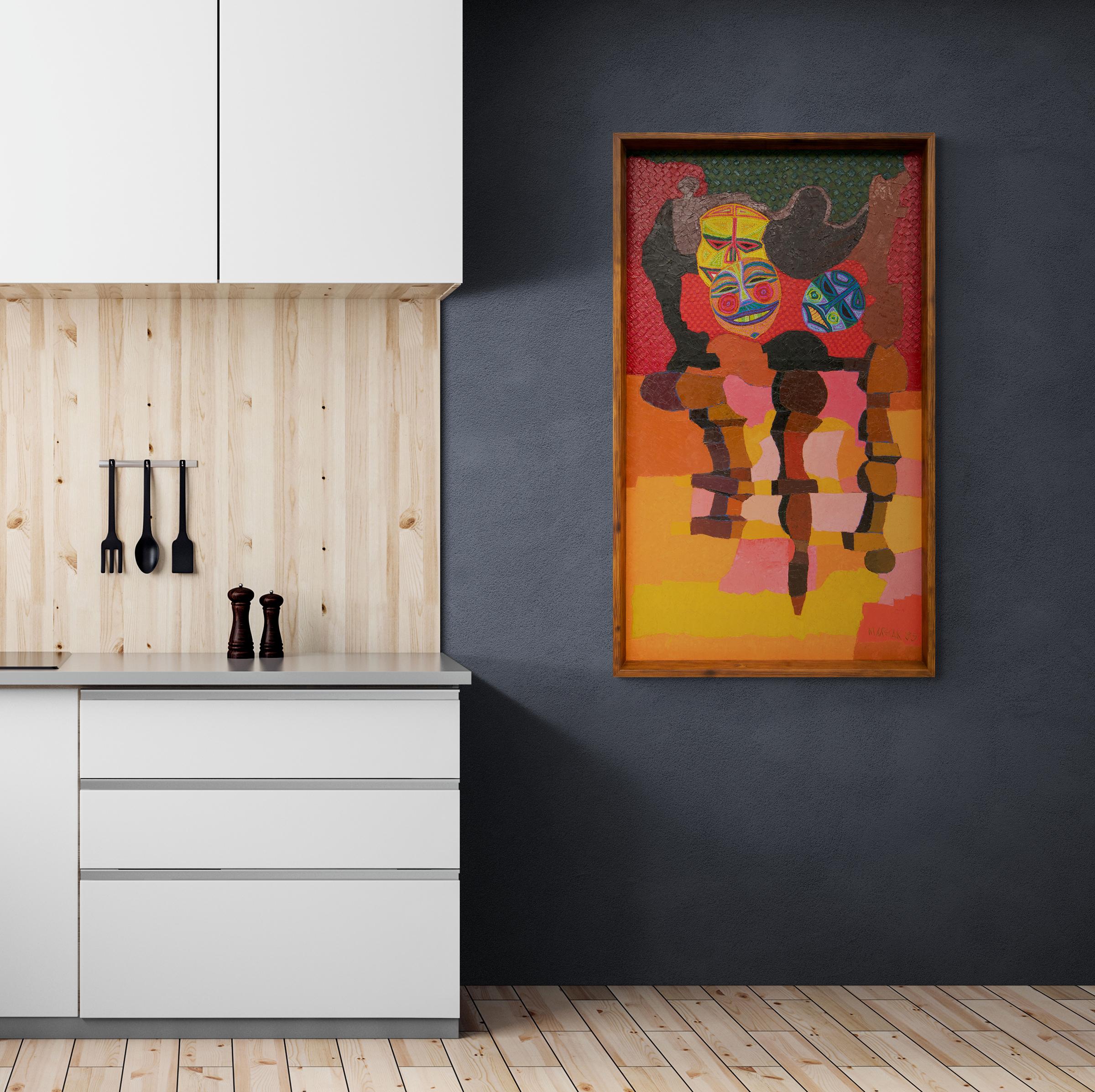 Naturaleza muerta con máscaras: Pintura al óleo semiabstracta, audaz y vibrante de la década de 1980 en venta 4