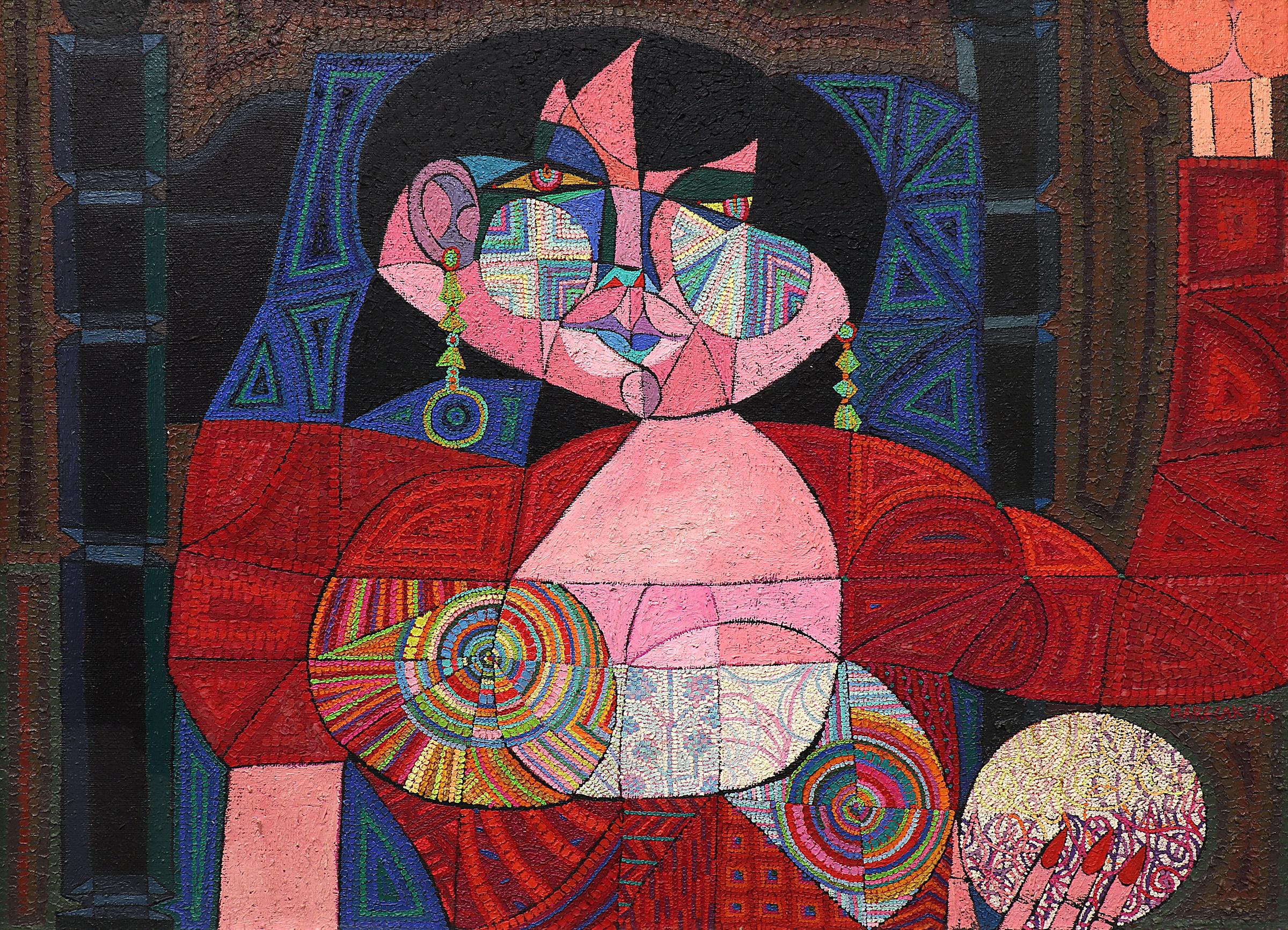 Abstraktes figuratives Ölgemälde Sybil (Die Göttin), 1970er Jahre, Rosa, Blau, Rot – Painting von Edward Marecak