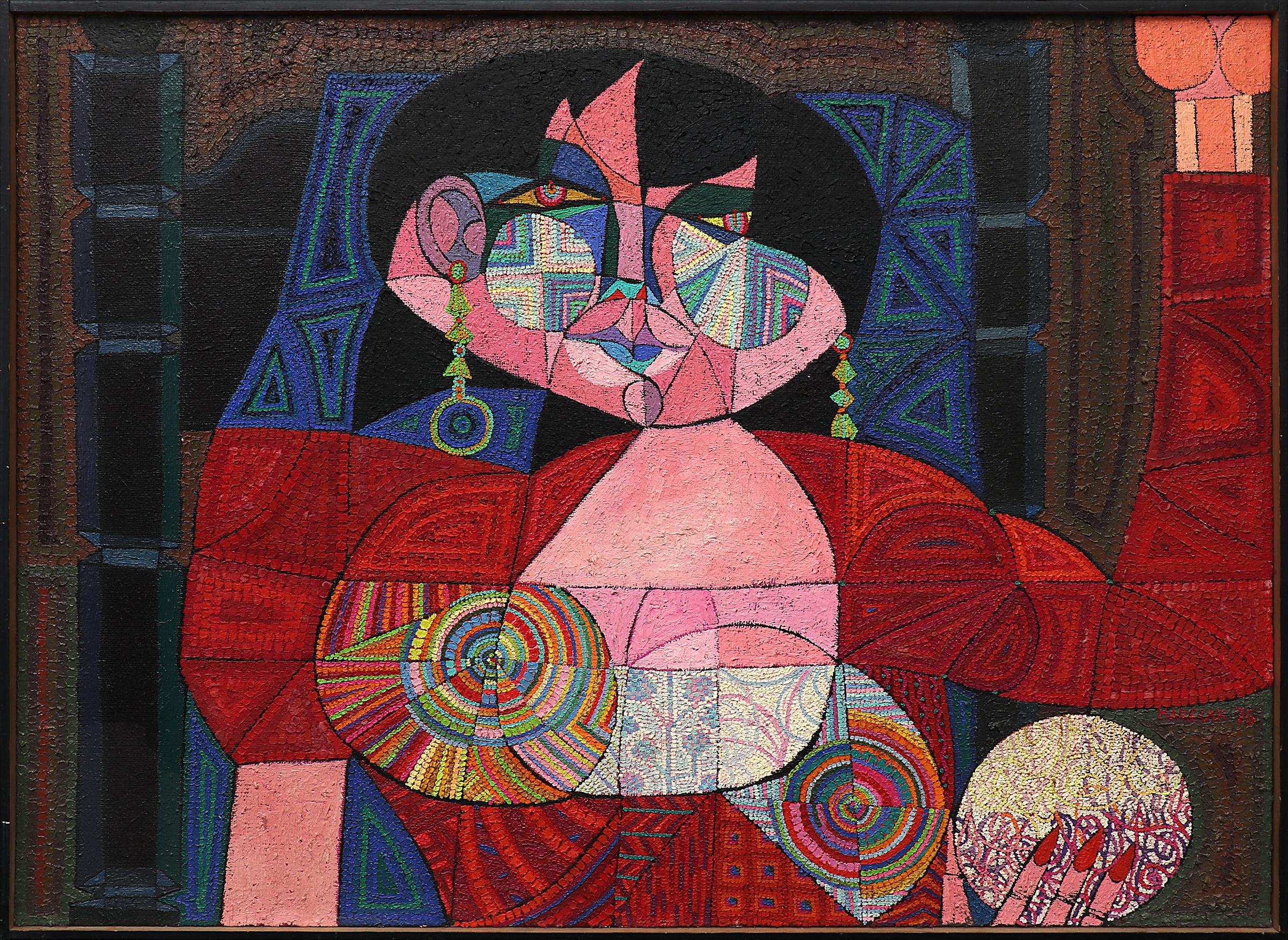 Edward Marecak Abstract Painting – Abstraktes figuratives Ölgemälde Sybil (Die Göttin), 1970er Jahre, Rosa, Blau, Rot
