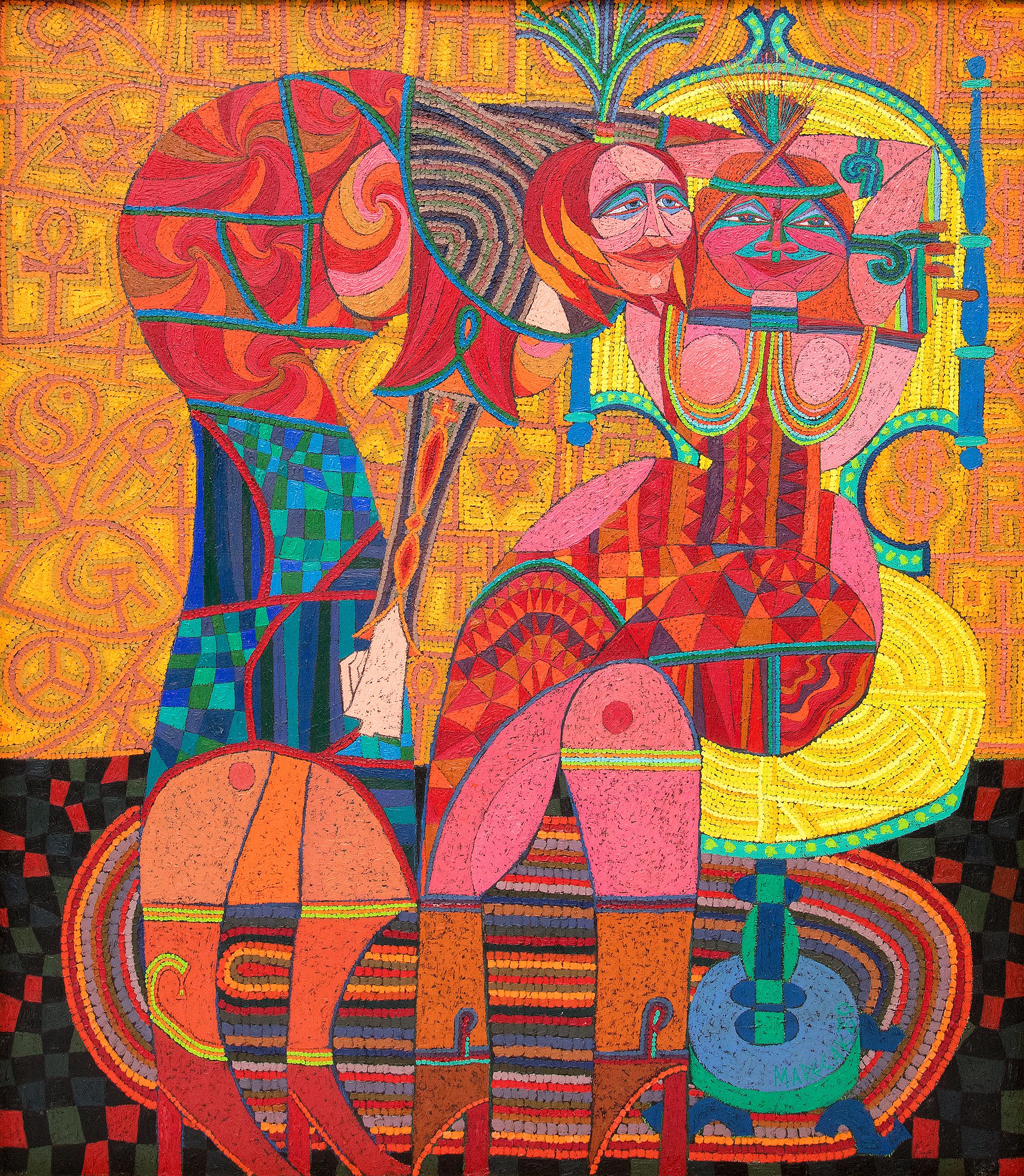 Sibille che raccontano scherzi cosmici all'umanità, pittura astratta figurativa mitica - Painting di Edward Marecak