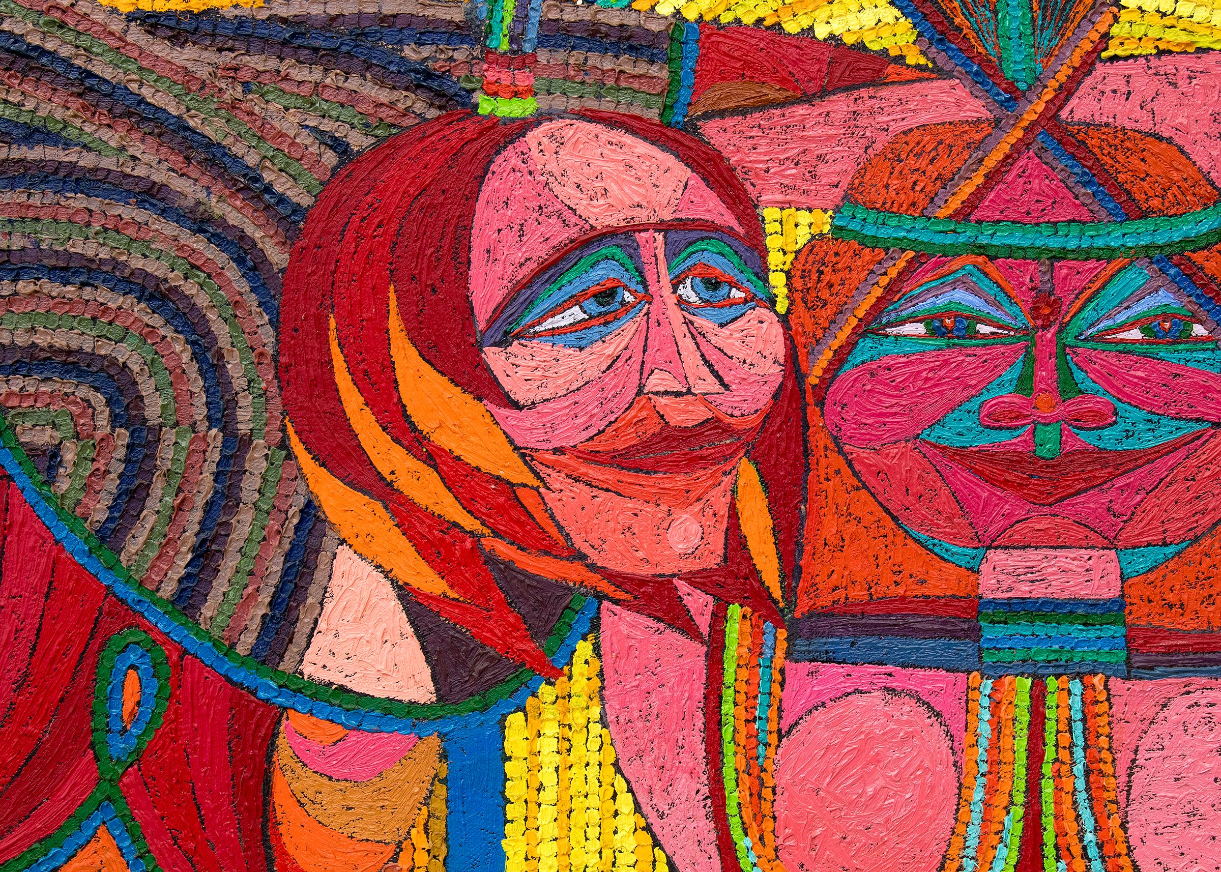 Sibille che raccontano scherzi cosmici all'umanità, pittura astratta figurativa mitica - Painting Astratto di Edward Marecak