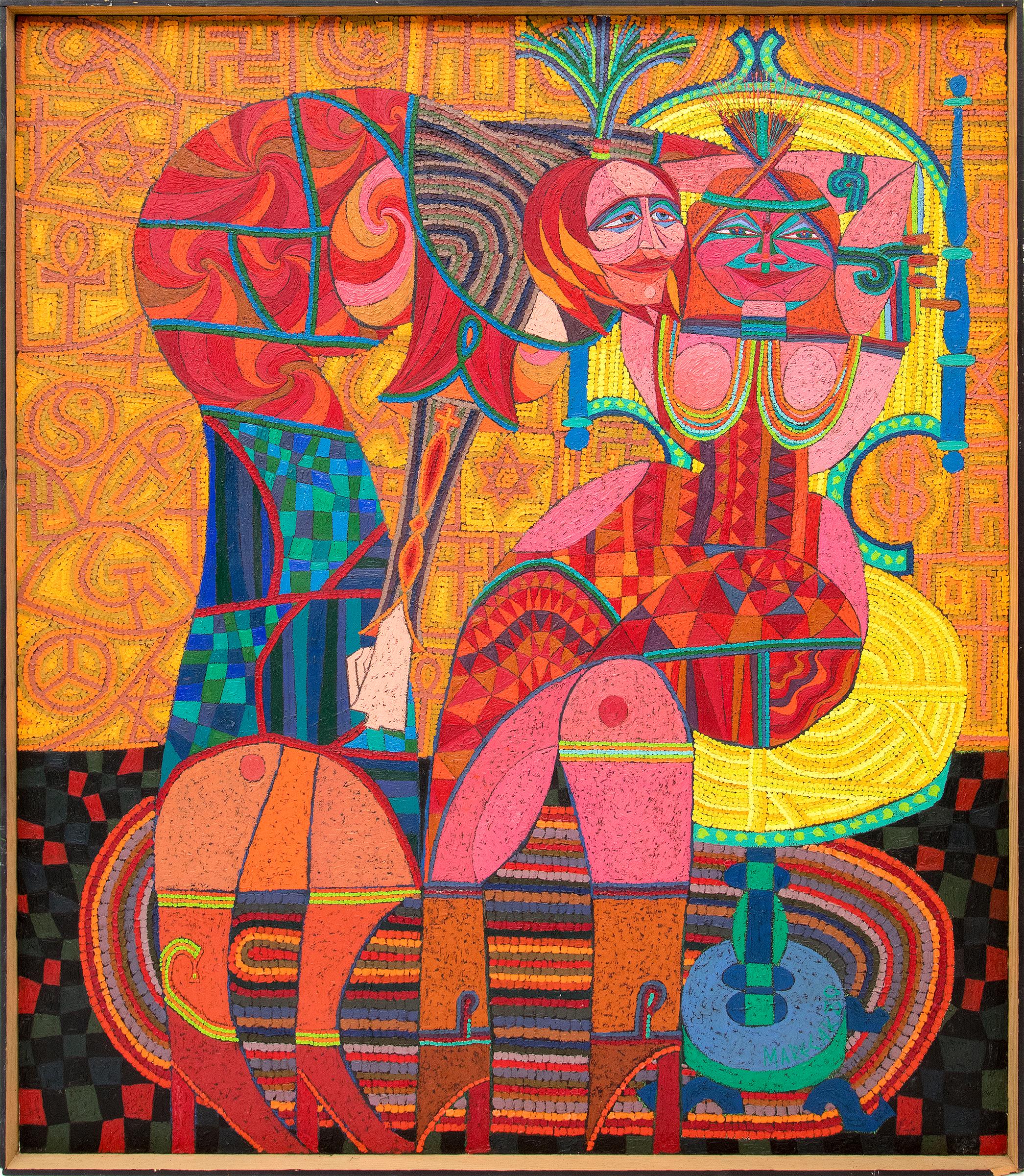 Abstract Painting di Edward Marecak - Sibille che raccontano scherzi cosmici all'umanità, pittura astratta figurativa mitica