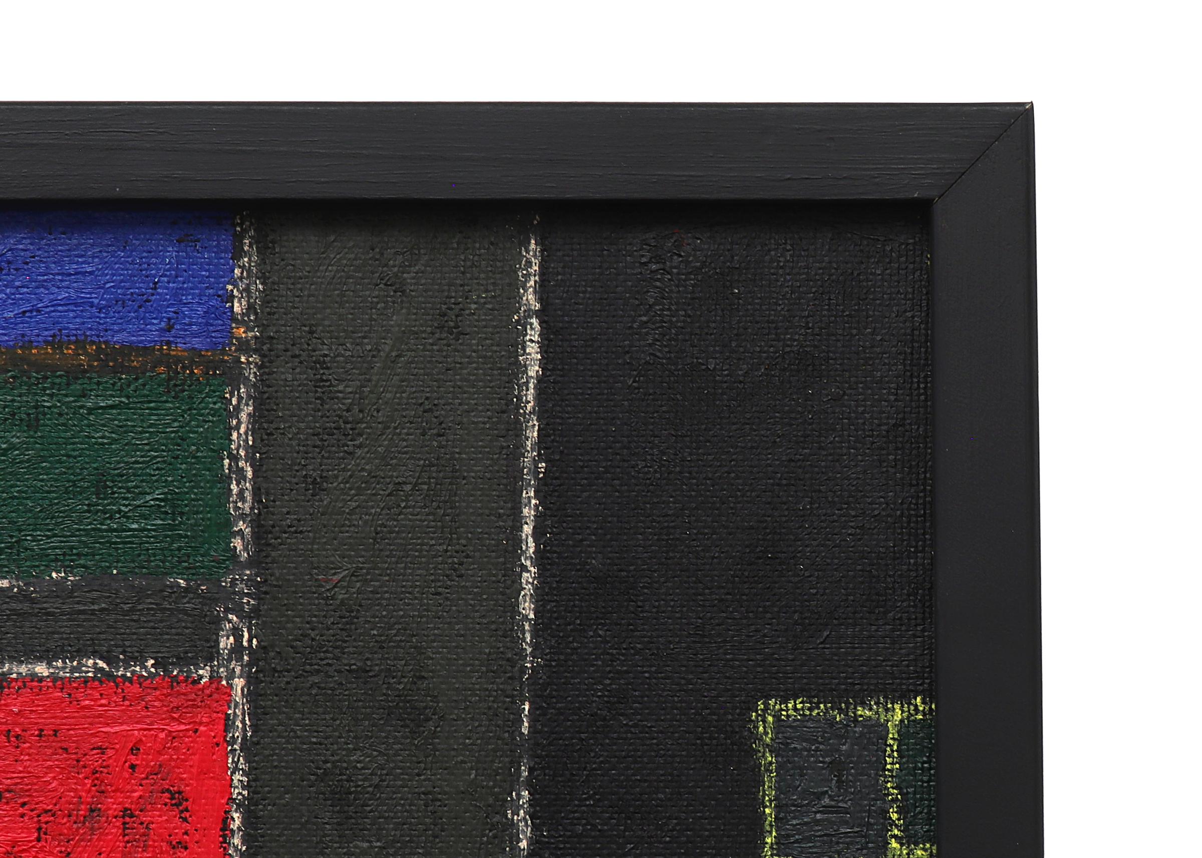 Il litigio, pittura ad olio figurativa semi-astratta del 1960, rosso, nero, blu 5