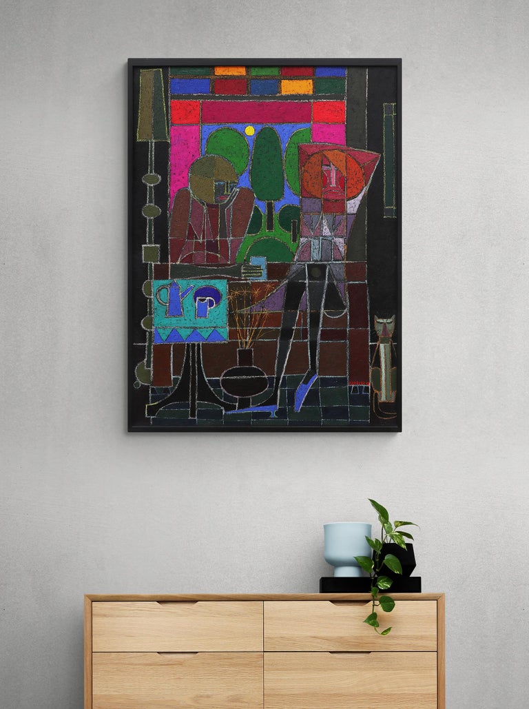 Edward Marecak The Argument, 1960s Vintage SemiAbstract Oil Painting