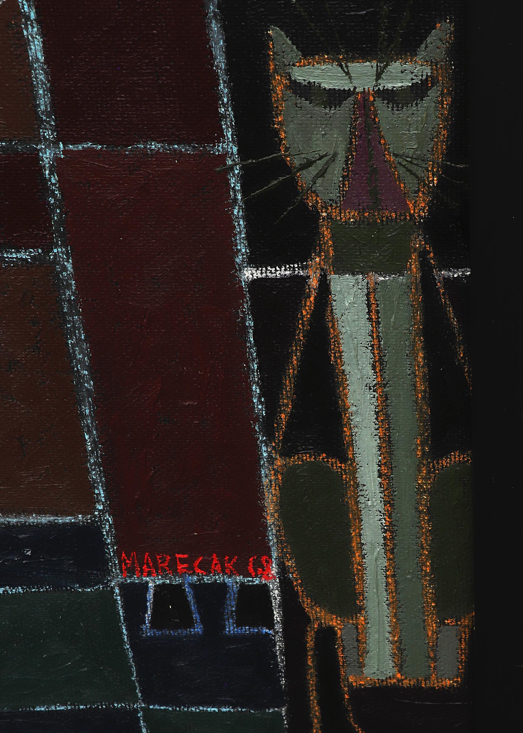 Il litigio, pittura ad olio figurativa semi-astratta del 1960, rosso, nero, blu - Painting Astratto di Edward Marecak