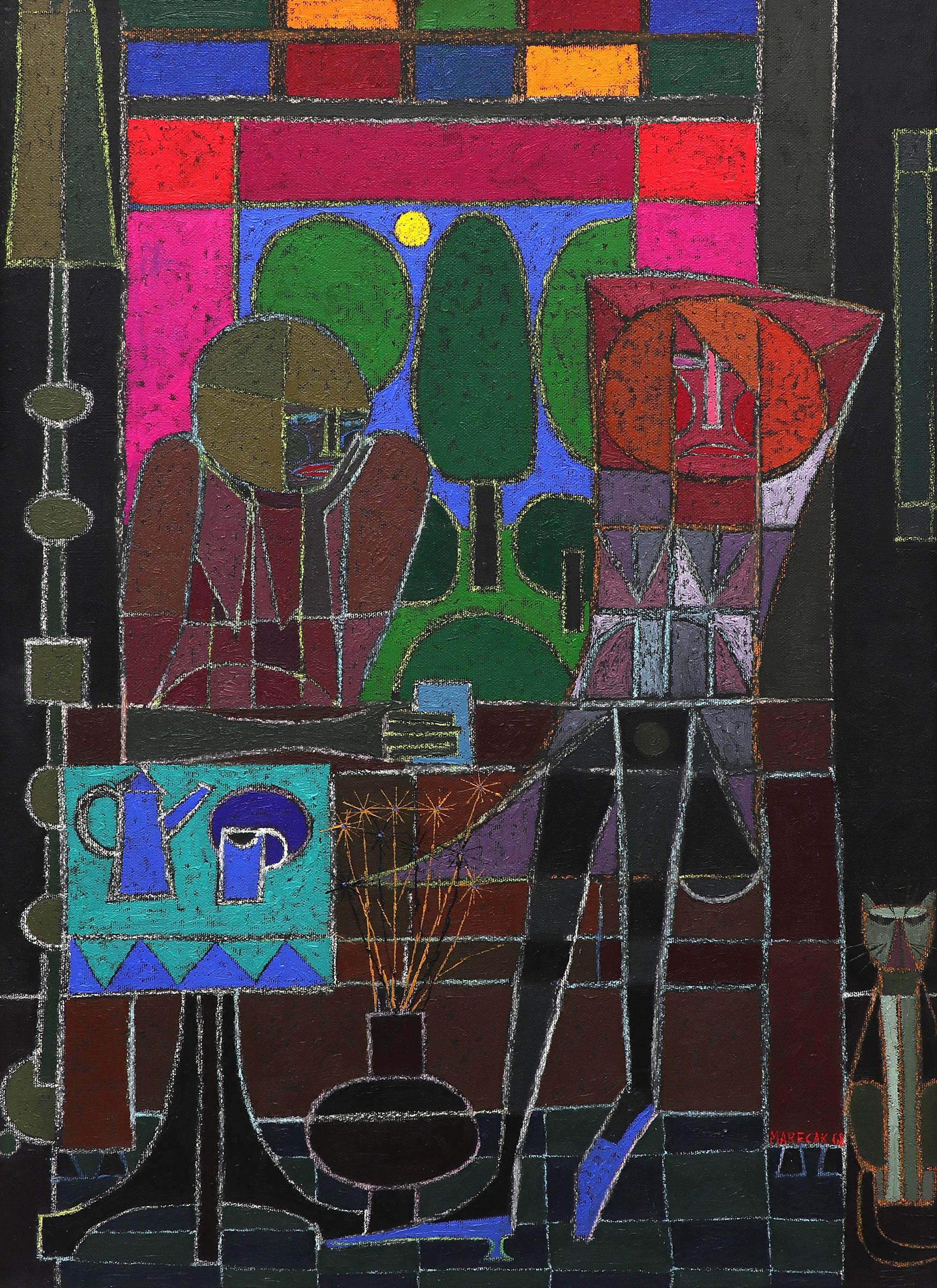 The Argument, 1960s Vintage Semi-Abstract Oil Painting in Reds, Pinks, and Black For Sale 4