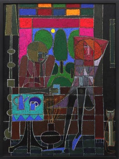 The Argument, 1960s Vintage Semi-Abstract Oil Painting in Reds, Pinks, and Black